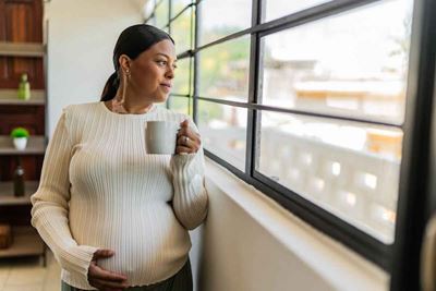 Pregnant woman looks out window