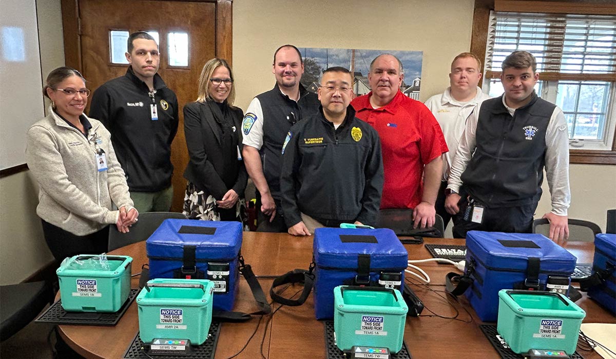 Jessica Carde, EMS quality assurance specialist, and Ryan Nuzzo, EMS coordinator, Bridgeport Hospital; Leigh Goodman, regional EMS manager, Bridgeport and Greenwich hospitals; Steven Kennedy, Trumbull EMS; Anthony Mauro, AMR; Tim Yurksaitis, Stratford EMS; and Colin Bassett and Andrew Weber, Trumbull EMS.
