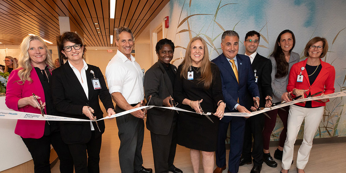 Brooke Spadaccino, RN, YNHH vice president, Orthopedic Services; Lisa Lattanza, MD, YNHH chief of Orthopedics and Yale School of Medicine chair of Orthopaedics and Rehabilitation; Amit Lahav, MD; Karen Gibbs, MD; Anne Diamond, DBA, JD, Bridgeport Hospital president; Tony Giannattasio, Milford mayor; Joubin Bavarian, BH Milford Campus vice president, Operations; Lauren Fabian, MD; Pam Scagliarini